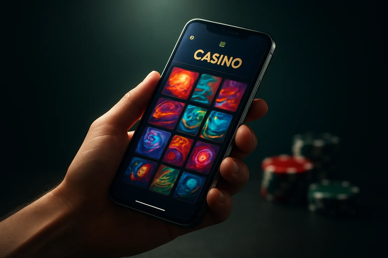Flagship Android smartphone displaying a vivid premium casino app interface