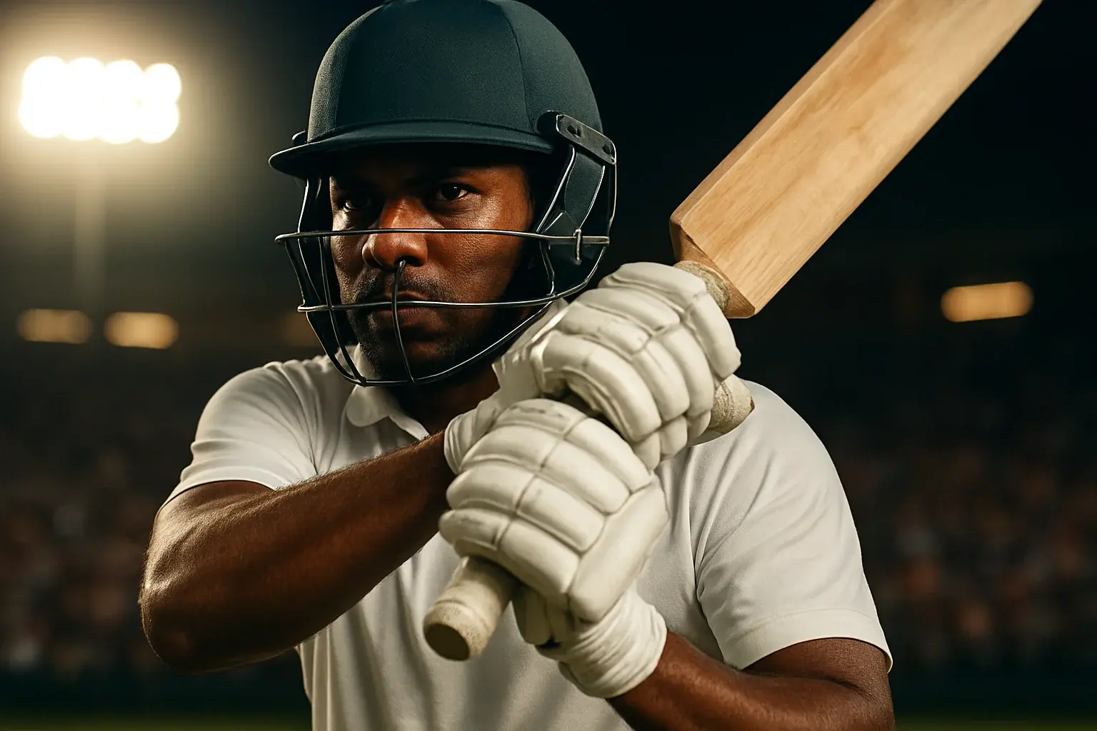 Bangladeshi male cricket batsman in white kit mid-swing under stadium lights