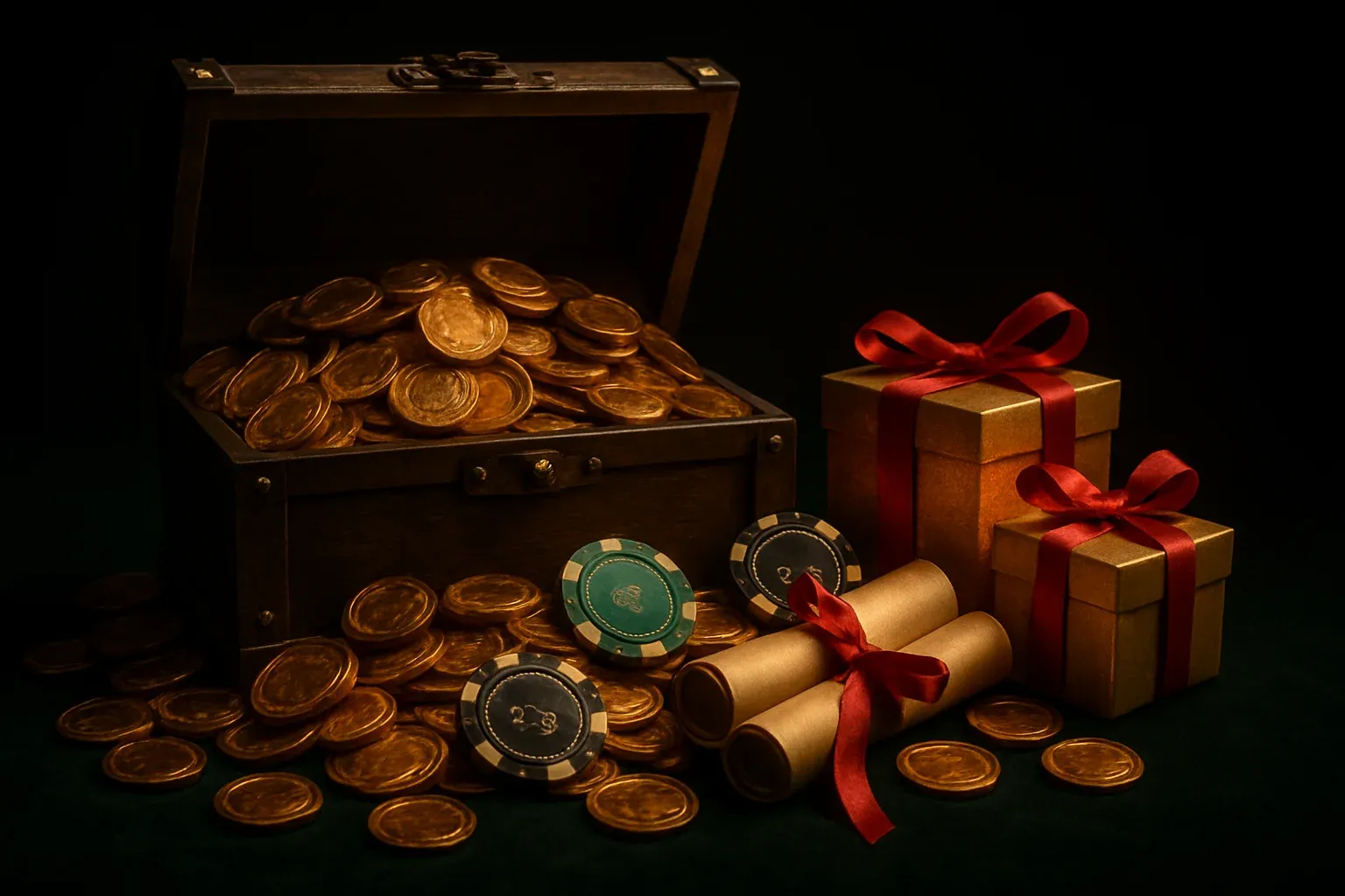 Overflowing treasure chest with coins, casino chips, vouchers, and gift boxes