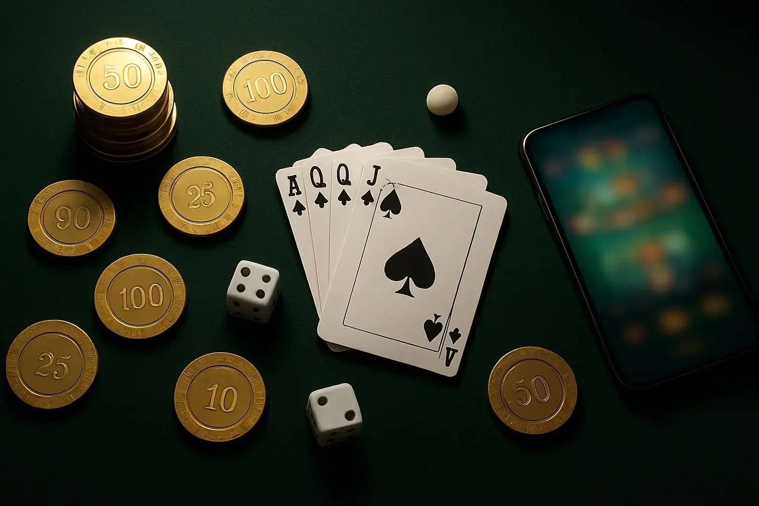 Top-down casino table with gold chips, cards, dice, roulette ball, smartphone