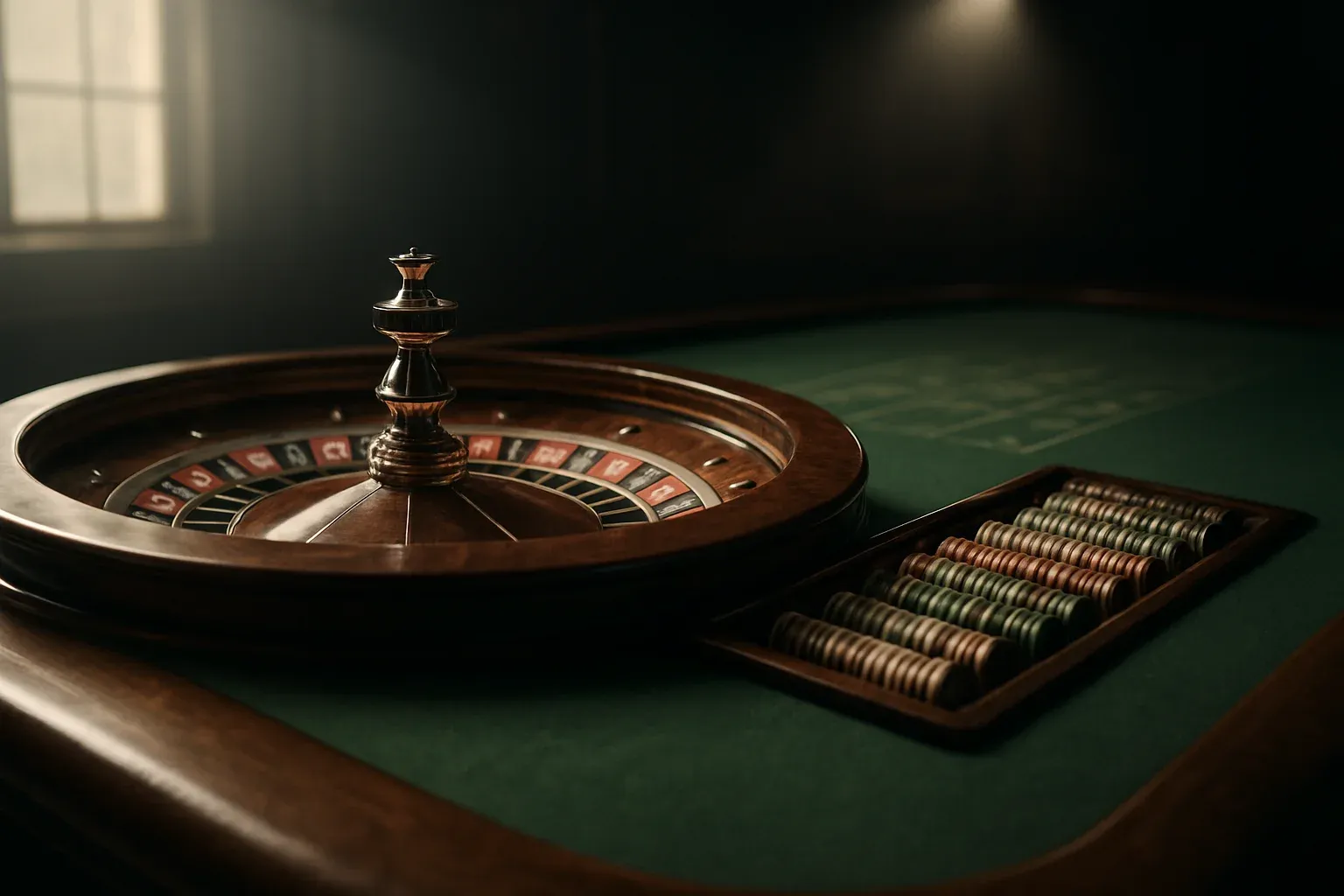 Hyperrealistic live casino studio with empty roulette table and dramatic lighting