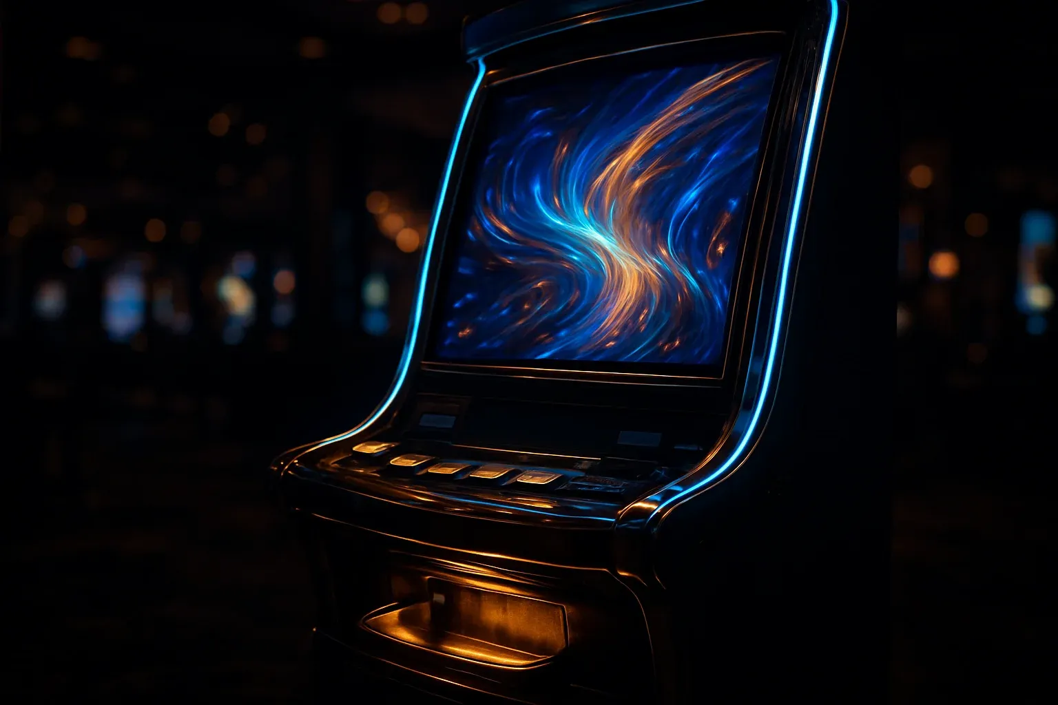 Hyperrealistic premium slot machine glowing in dark luxury casino floor